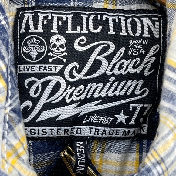 Affliction Shirt Men M Blue Plaid Edgy Grunge Fleur De Lis Black Premium Button - Picture 5 of 11